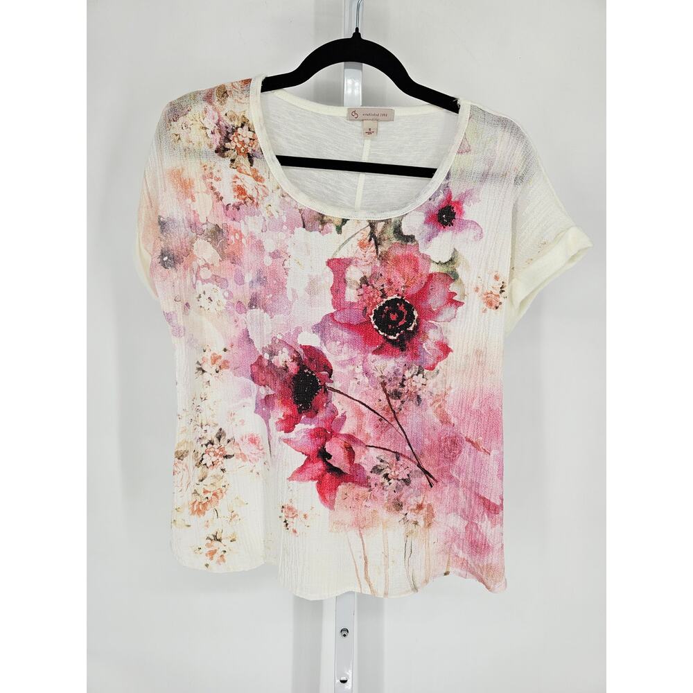Vintage Y2K DB Womens Sz S Short Sleeve Blouse White w/ Pink Floral
